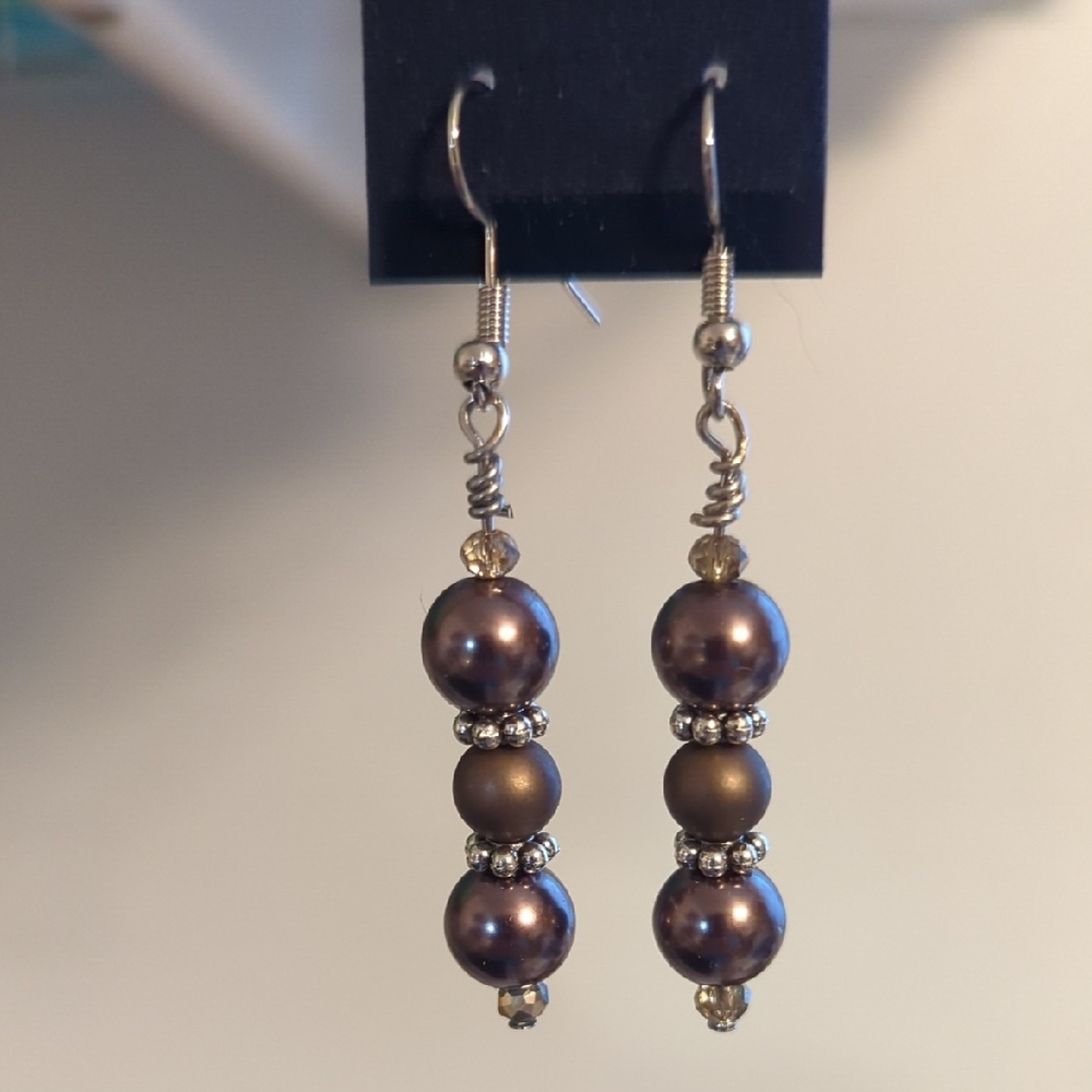 Brown and Silver Dangle Earrings with Pearl Beads